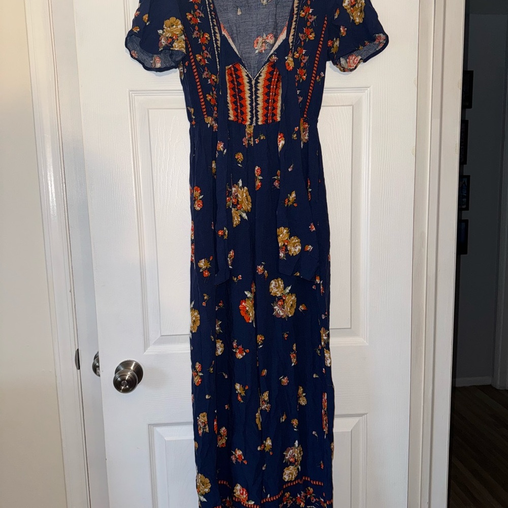 Band of Gypsies Blue and Orange Puff Sleeve Jumpsuit